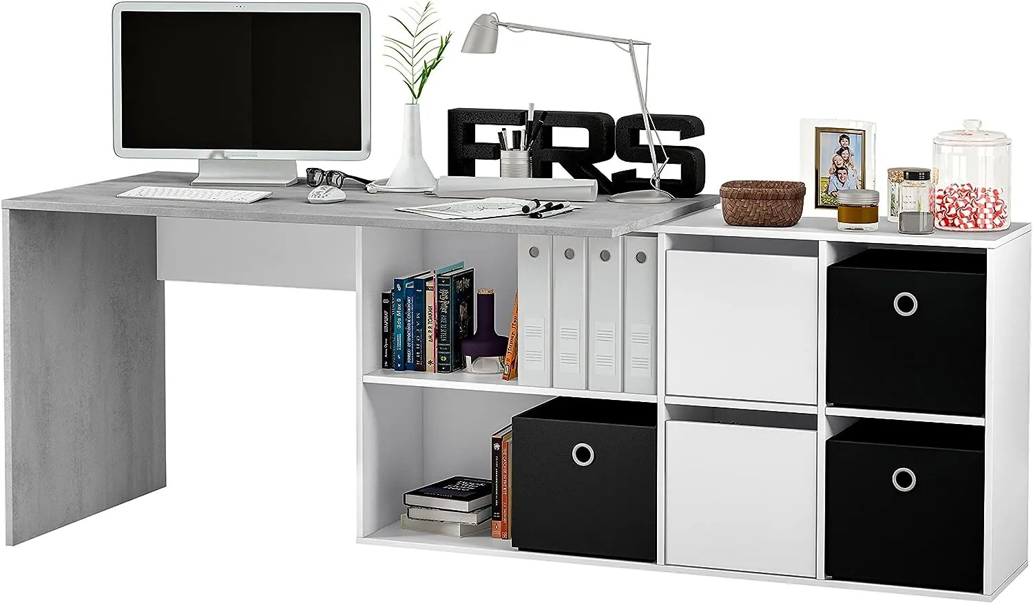 ADAPTA BUREAU D’ANGLE EN BOIS EFFET BETON AVEC BIBILIOTHEQUE 