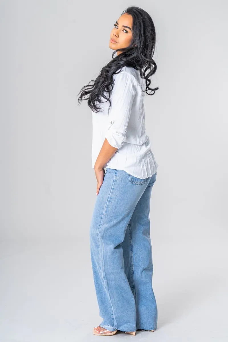 Jean large taille haute délavé bleu