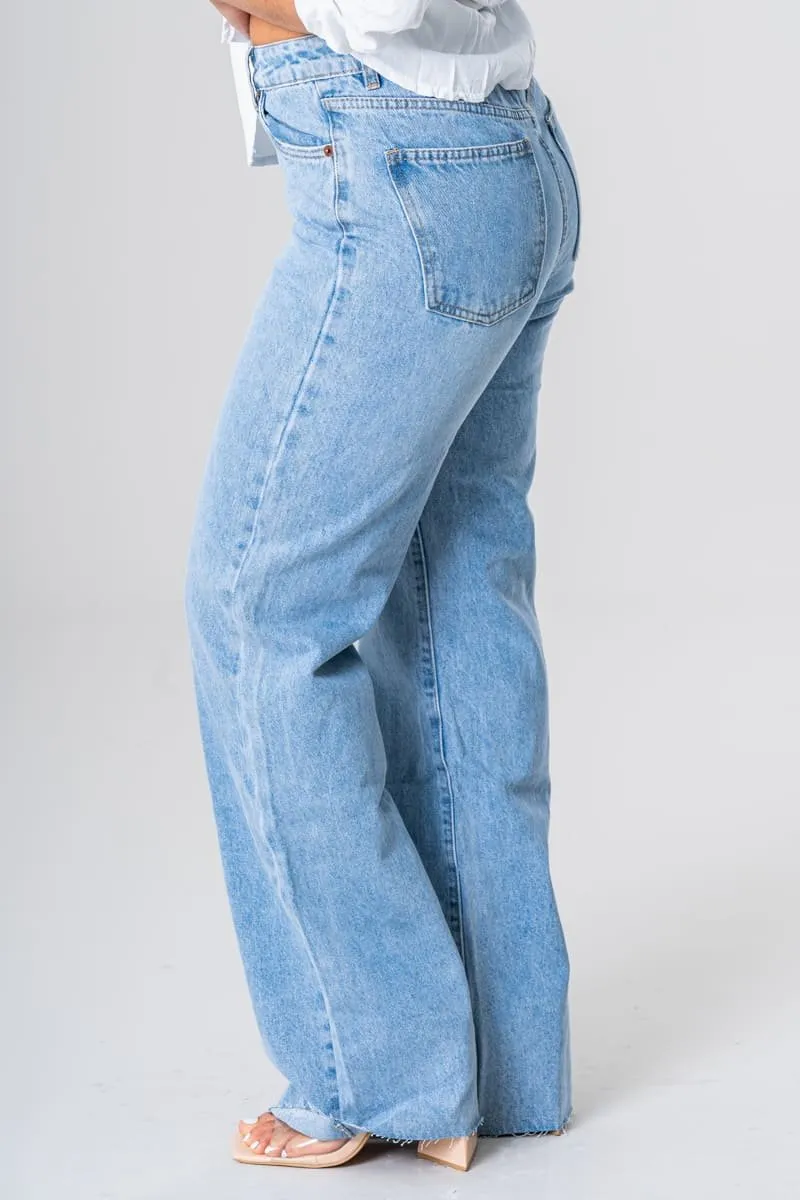 Jean large taille haute délavé bleu