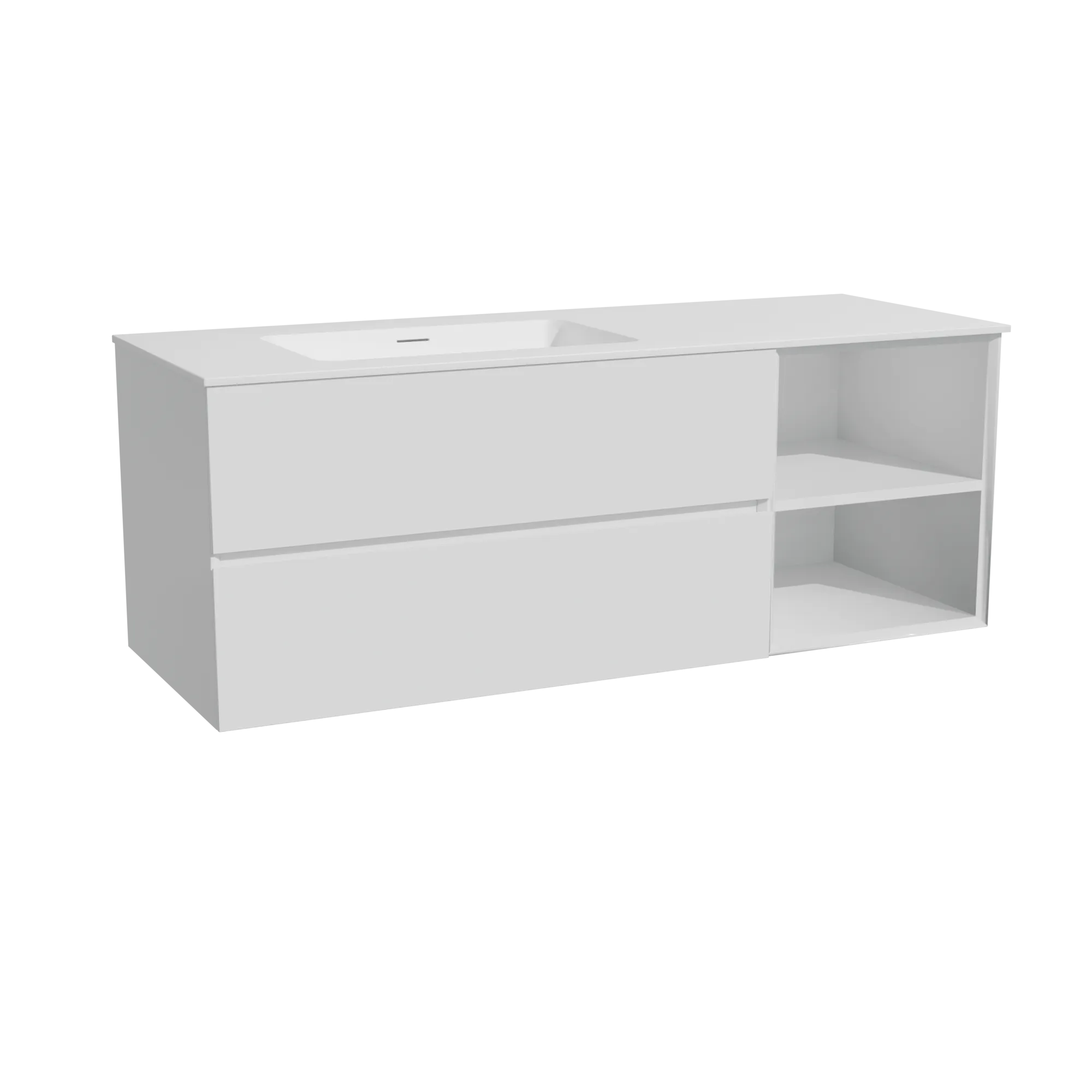 Storke Edge meuble salle de bains suspendu 140 x 52 cm blanc brillant avec Mata plan vasque asymétrique à gauche en solid surfac